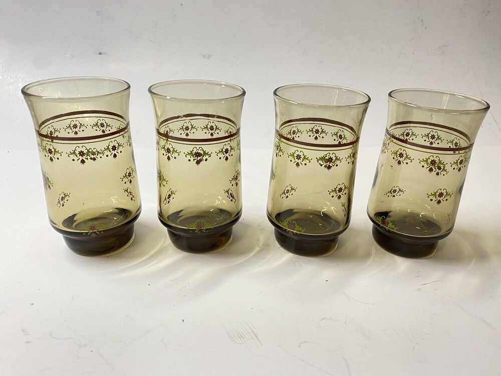 4 Replacement- Vintage Libbey Brown Juice Glass W/ Red And Green Florals: 6 Oz